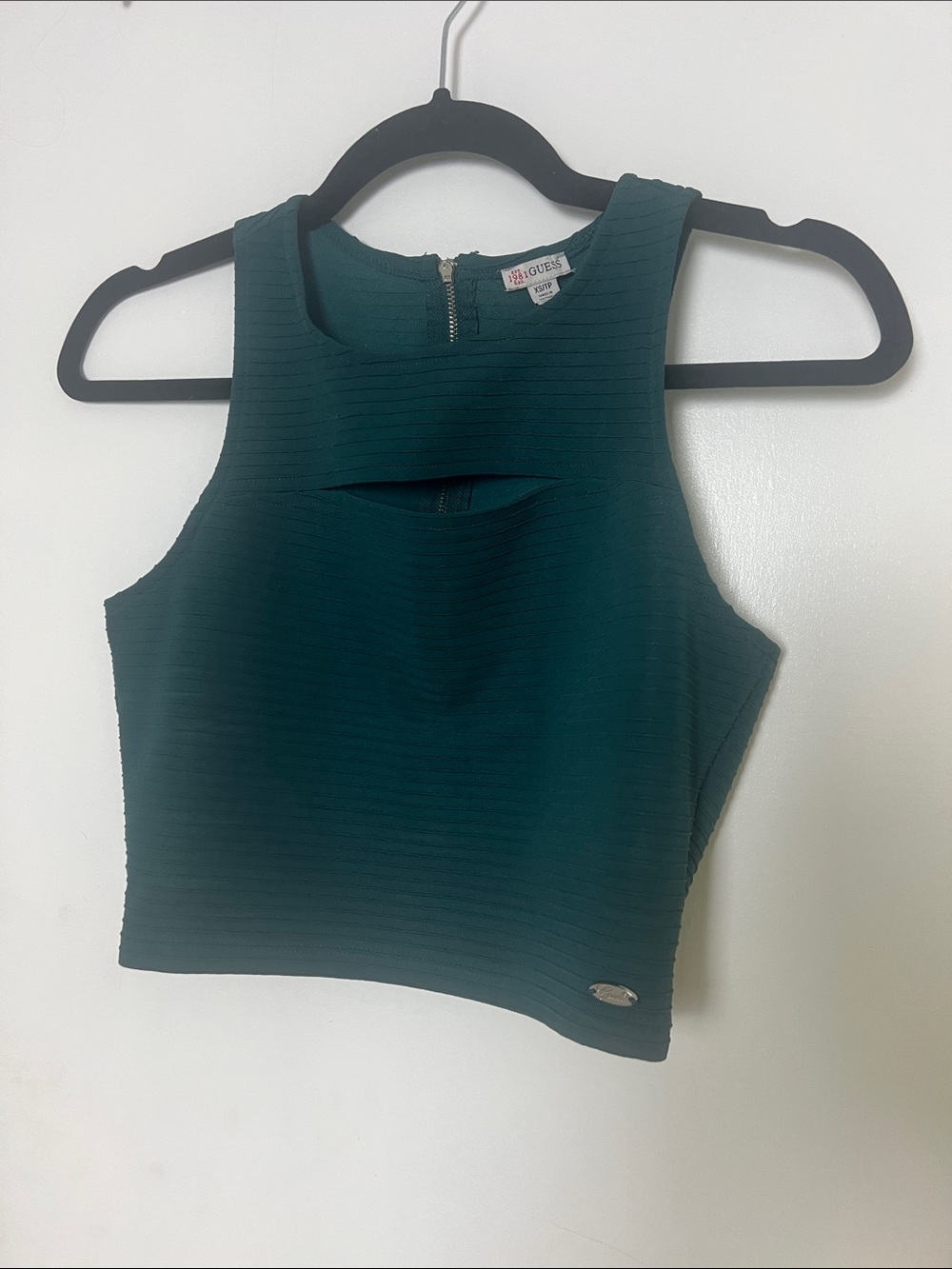 GUESS 1981 Dark Emerald Green Ribbed Cutout Crop Top XS